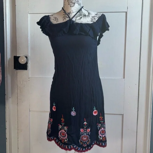 Blue Halter Top Summer Dress Flirty Floral Embroidery Ruffle Off Shoulder XS - Picture 1 of 9